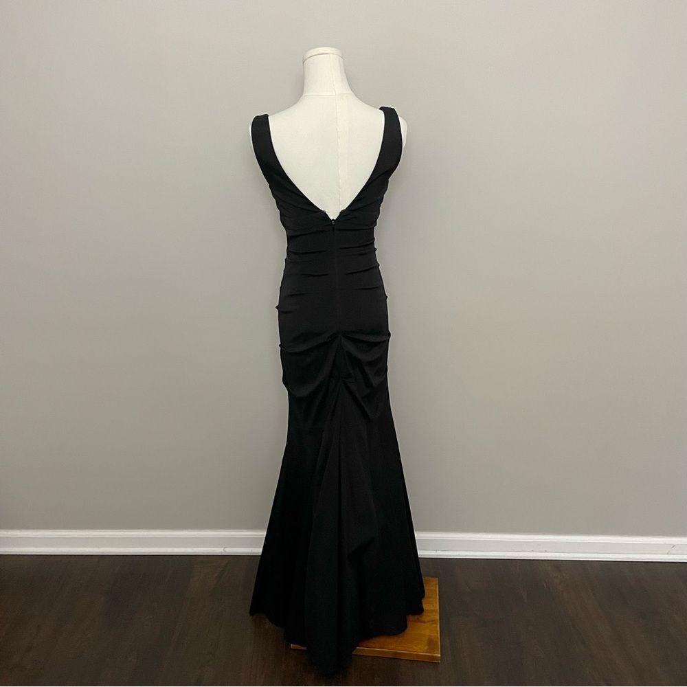 Vintage Caché Dress Maxi Mermaid Bodycon Plunge Neck Ruched Tulle Lined Black - Picture 4 of 12